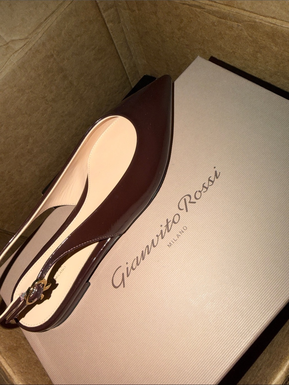 Gianvito Rossi Dark Brown Patent Leather Pointed Slingback Flats BRAND NEW